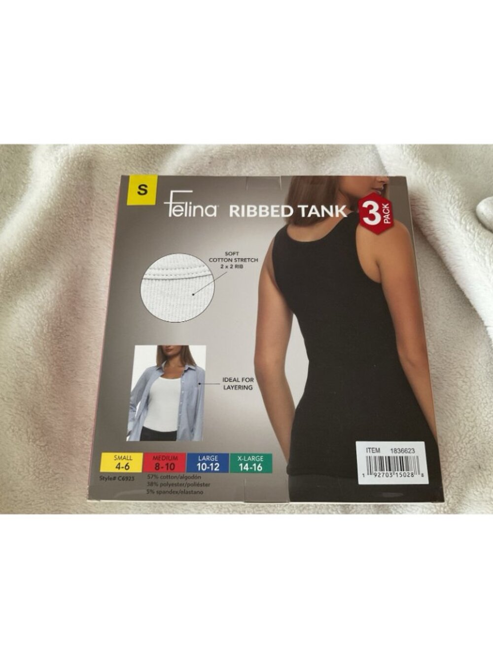 Felina Women's Ribbed Tank, 3-pack White Gray Black Small Cotton Stretch Rib New - Picture 6 of 10